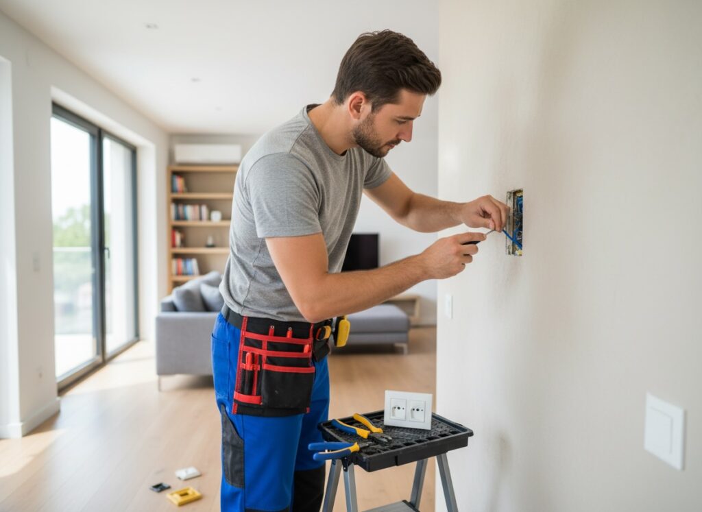 en elektriker som byter en strömbrytare på väggen