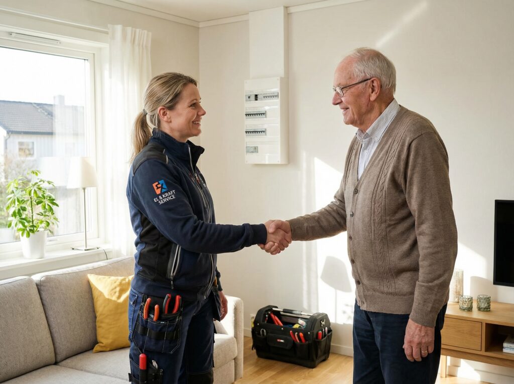 en kvinnlig elektriker skakar hand med en äldre man